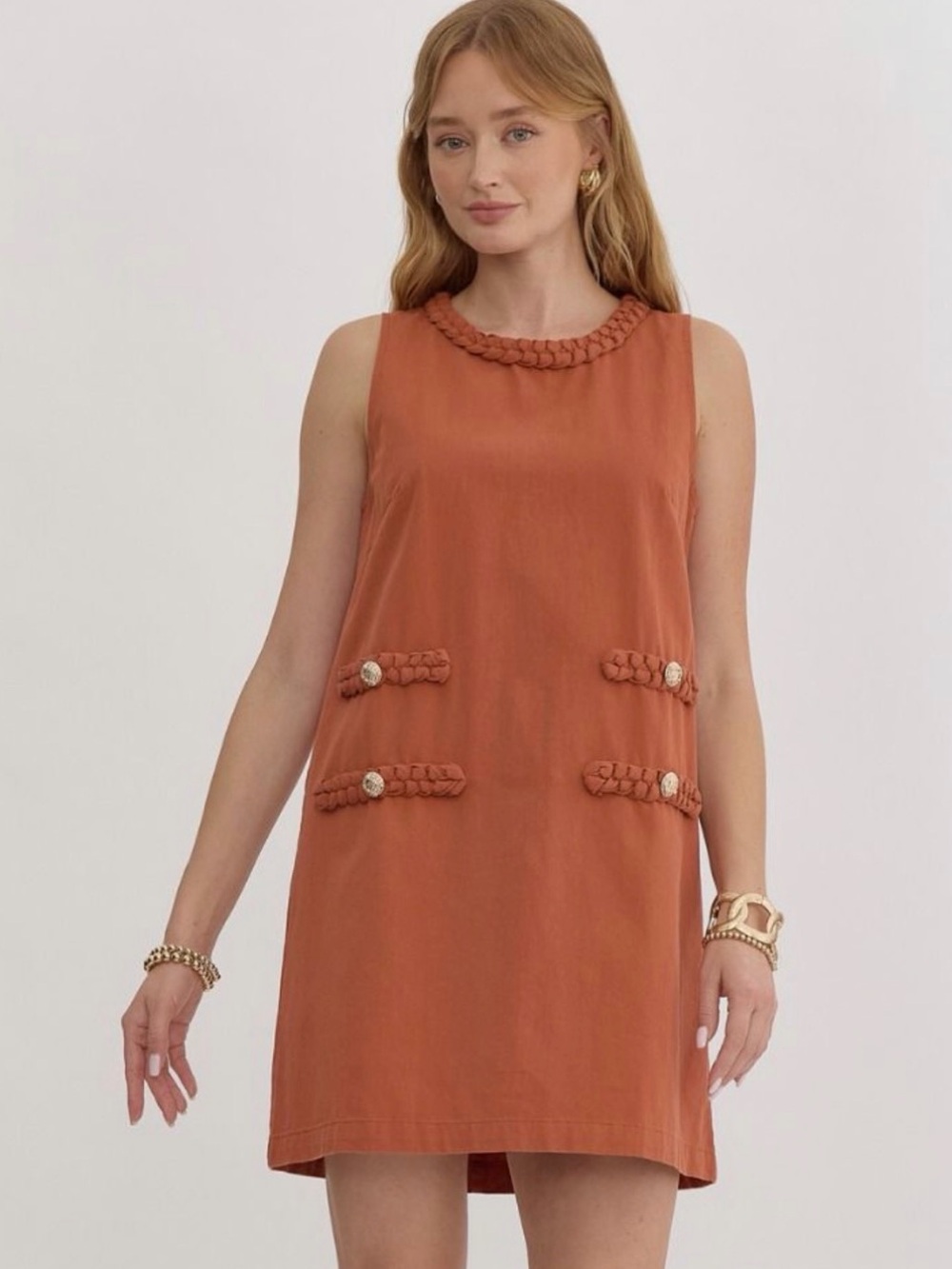 entro Braided-Trim Mini Dress in Rust